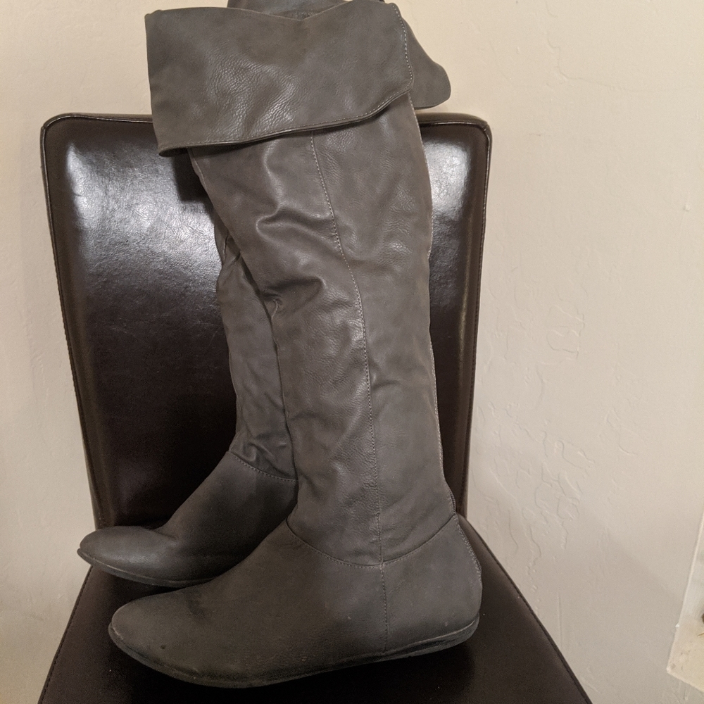 Gray knee length boots